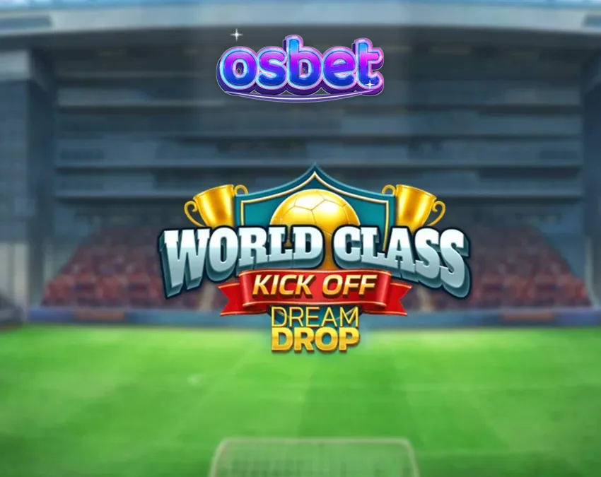 Tampilan antarmuka permainan slot World Class Kick Off Dream Drop dengan tema stadion retro.